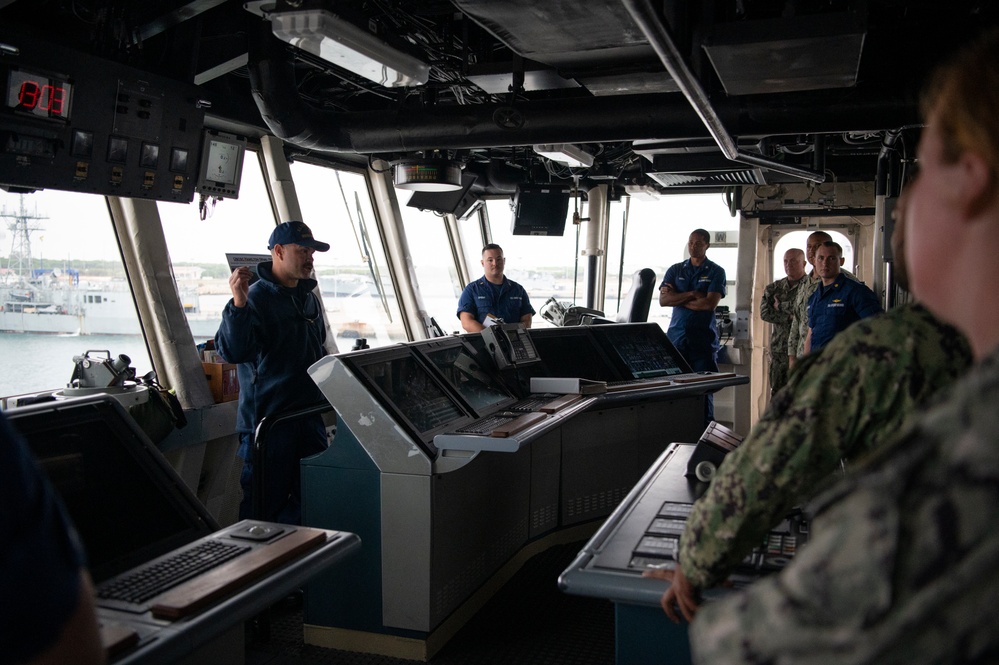 Crewmembers of Coast Guard Cutter Hamilton give tour to members of U.S. Sixth Fleet in Rota, Spain