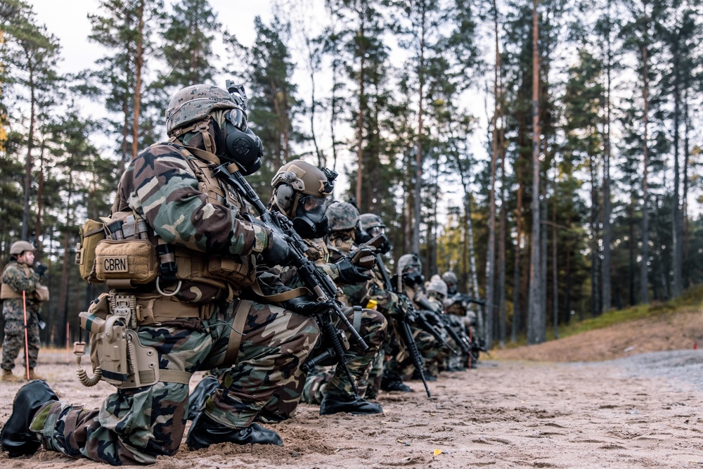 U.S. Marines with Combat Logistics Battalion 6 conduct a barricade and Chemical Biological Radiological and Nuclear range