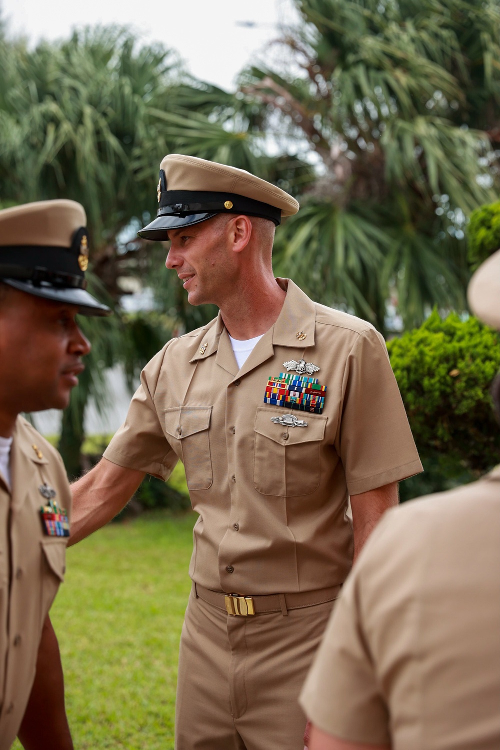 Cheif Utilitesman Jacob Weatherford being congratulated after the Cheif Petty Officer Pinning Cereymony onboard Kadena Air Force Base.