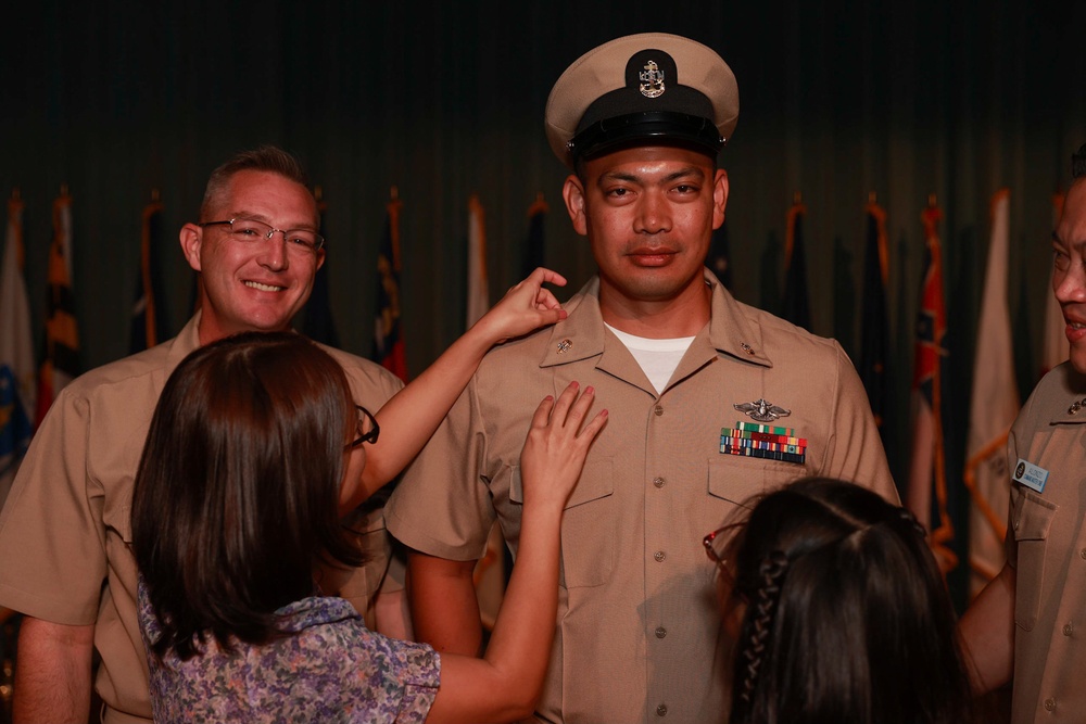 Cheif Hospital Corpsman Juan Paublo Amio, being frocked to Cheif Petty Officer during The Pinning Ceremony.