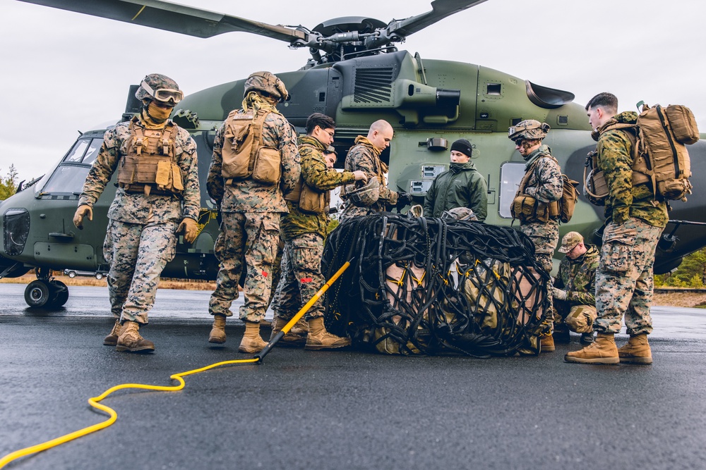 U.S. Marines conduct helicopter support team resupply with Finnish Soldiers