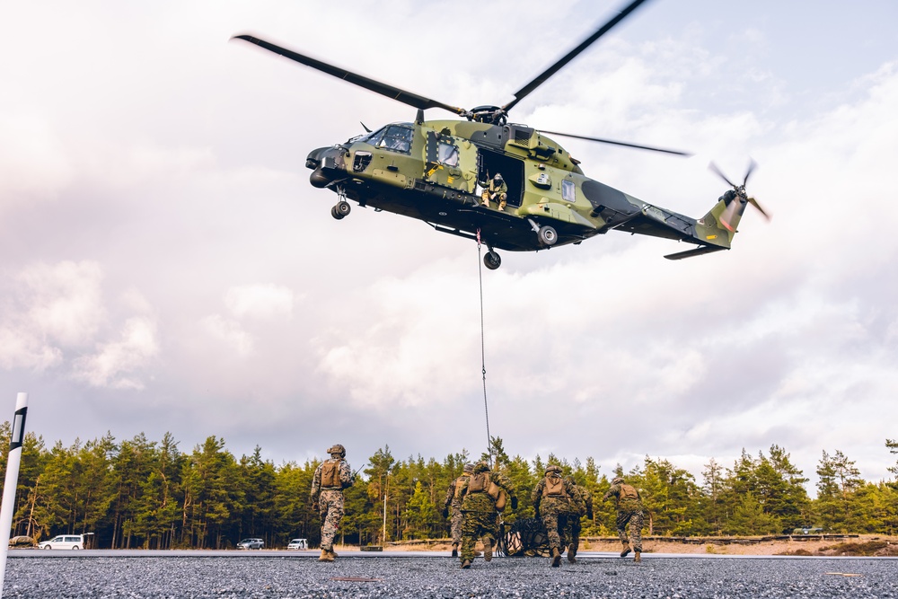 U.S. Marines conduct helicopter support team resupply with Finnish Soldiers