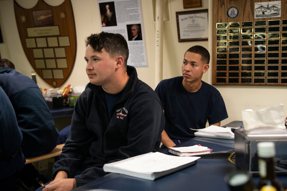 Coast Guard Cutter Hamilton crewmembers conduct damage control training while underway on the Atlantic Ocean