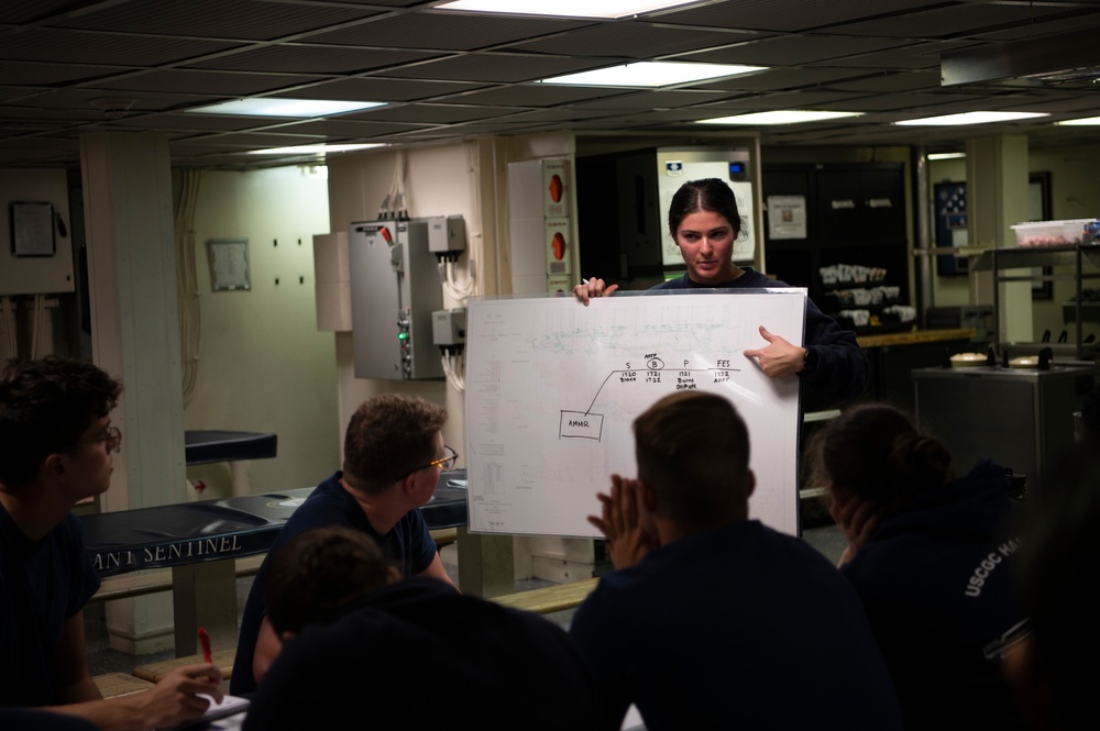 Coast Guard Cutter Hamilton crewmembers conduct damage control training while underway on the Atlantic Ocean