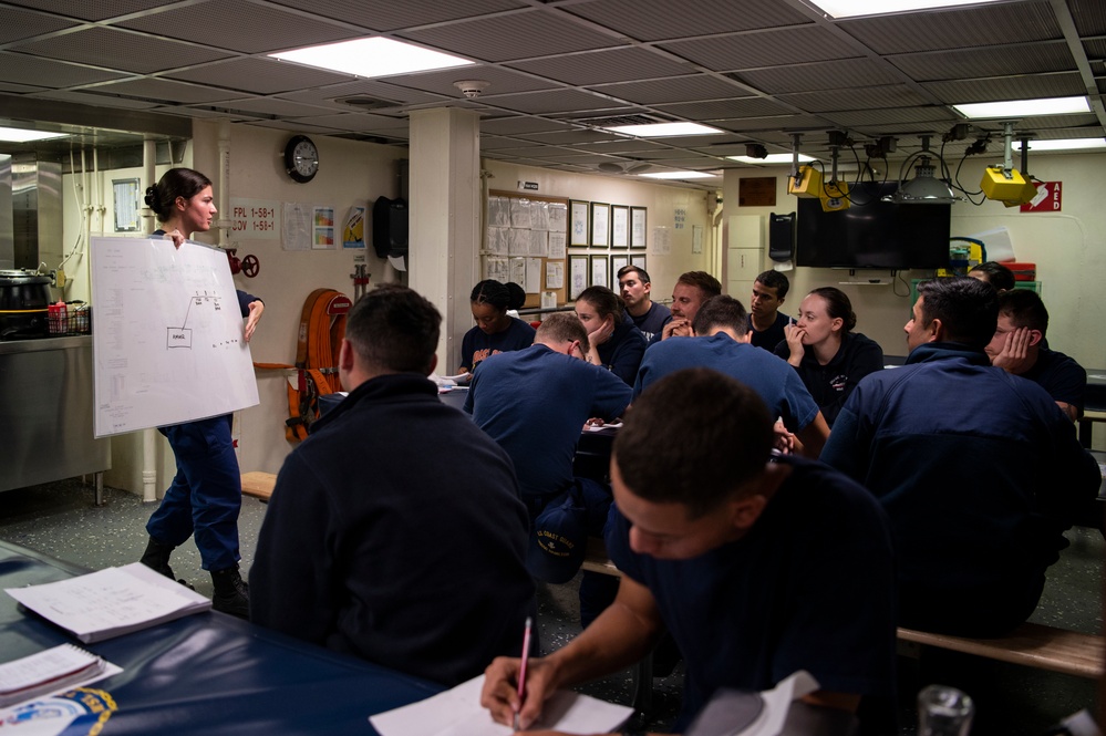 Coast Guard Cutter Hamilton crewmembers conduct damage control training while underway on the Atlantic Ocean