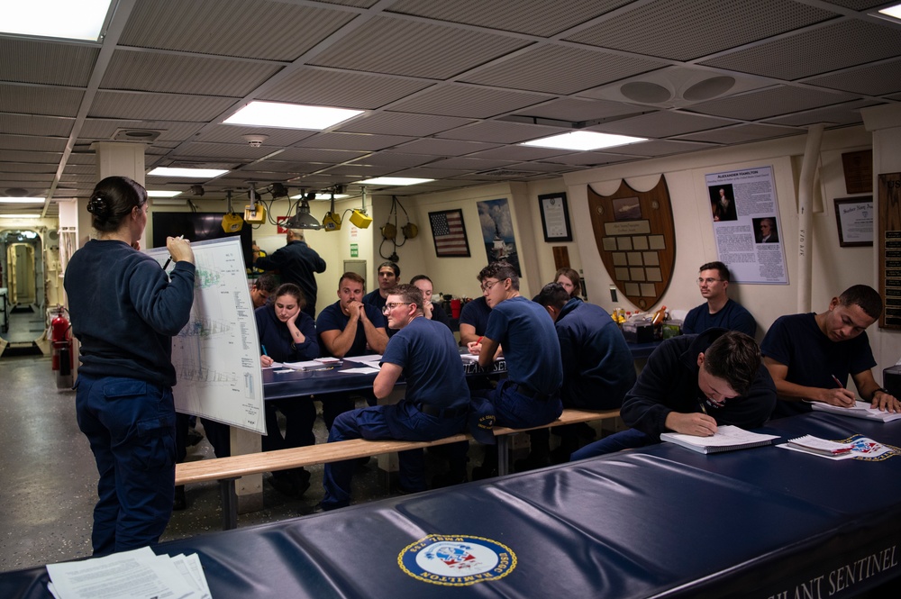 Coast Guard Cutter Hamilton crewmembers conduct damage control training while underway on the Atlantic Ocean