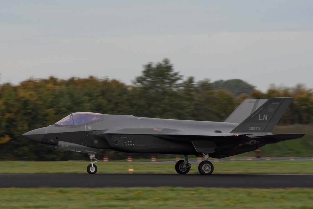 U.S. Air Force F-22 Raptors from the 90th Expeditionary Fighter Squadron integrate with the Royal Netherlands Air Force at Leeuwarden Air Base, Netherlands