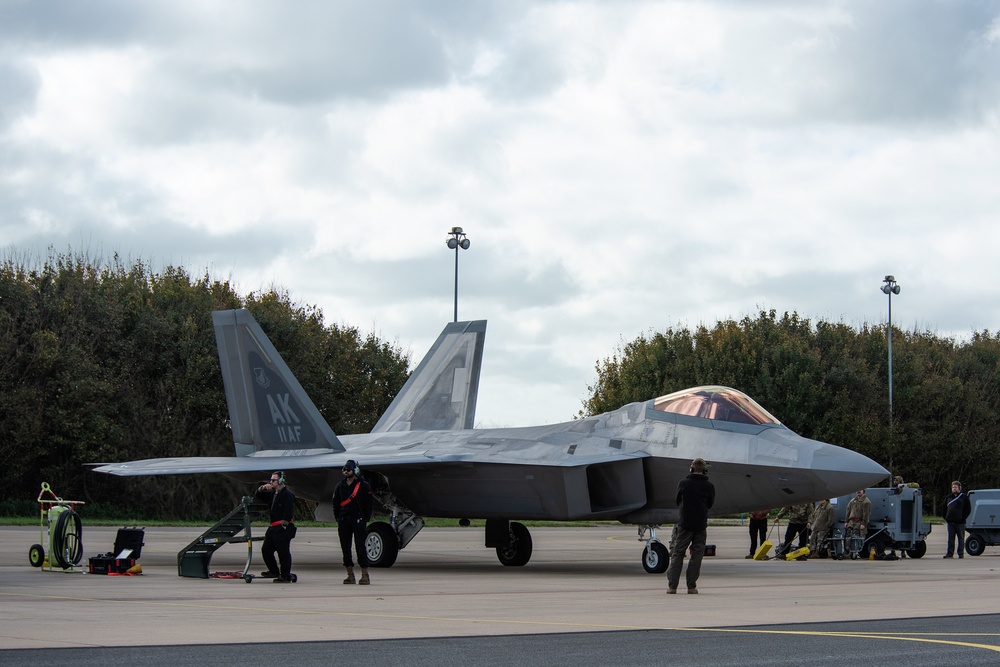 U.S. Air Force F-22 Raptors from the 90th Expeditionary Fighter Squadron integrate with the Royal Netherlands Air Force at Leeuwarden Air Base, Netherlands