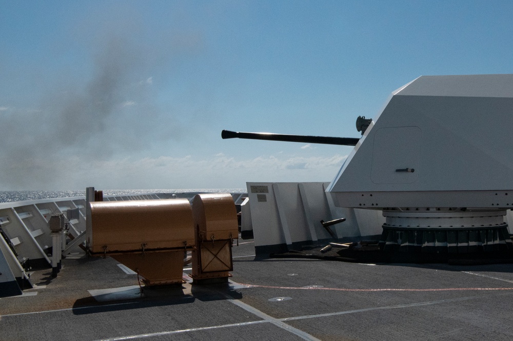 Coast Guard Cutter Hamilton conducts Mk 110 gunnery exercise while underway in the Atlantic Ocean