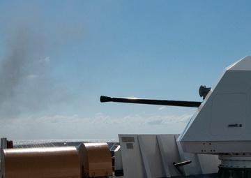 Coast Guard Cutter Hamilton conducts Mk 110 gunnery exercise while underway in the Atlantic Ocean