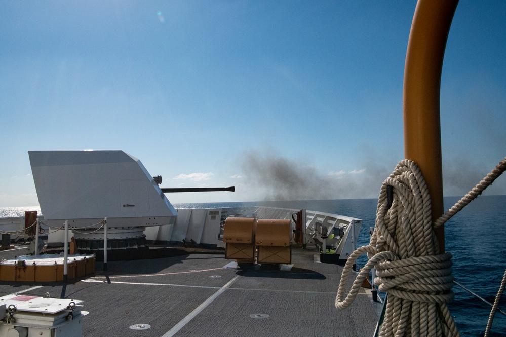 Coast Guard Cutter Hamilton conducts Mk 110 gunnery exercise while underway in the Atlantic Ocean