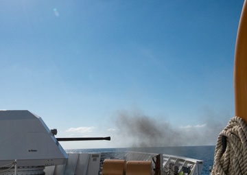 Coast Guard Cutter Hamilton conducts Mk 110 gunnery exercise while underway in the Atlantic Ocean