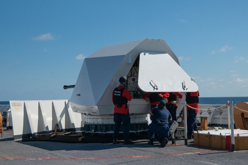 Coast Guard Cutter Hamilton conducts Mk 110 gunnery exercise while underway in the Atlantic Ocean