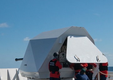 Coast Guard Cutter Hamilton conducts Mk 110 gunnery exercise while underway in the Atlantic Ocean