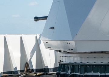 Coast Guard Cutter Hamilton conducts Mk 110 gunnery exercise while underway in the Atlantic Ocean