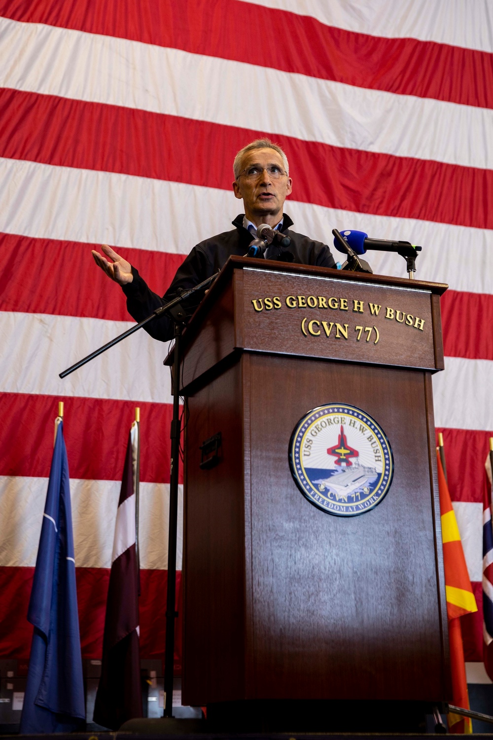 Secretary General of NATO visits George H.W. Bush Carrier Strike Group during Neptune Strike