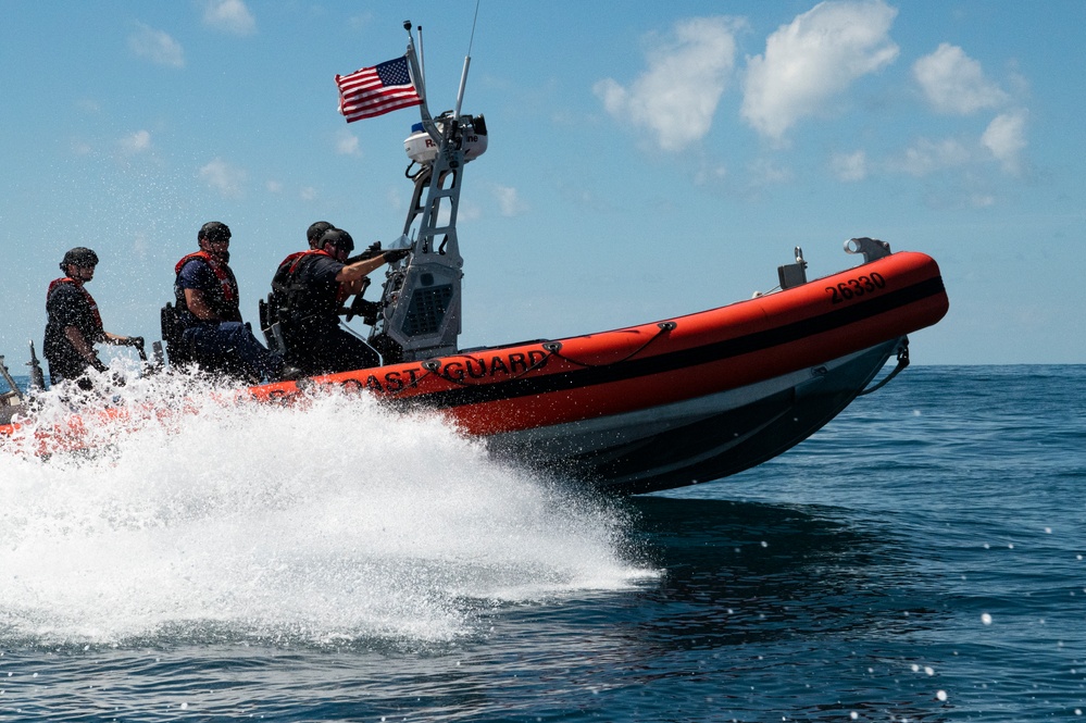 Coast Guard Cutter Hamilton crewmembers conduct pursuit training while underway in the Atlantic Ocean