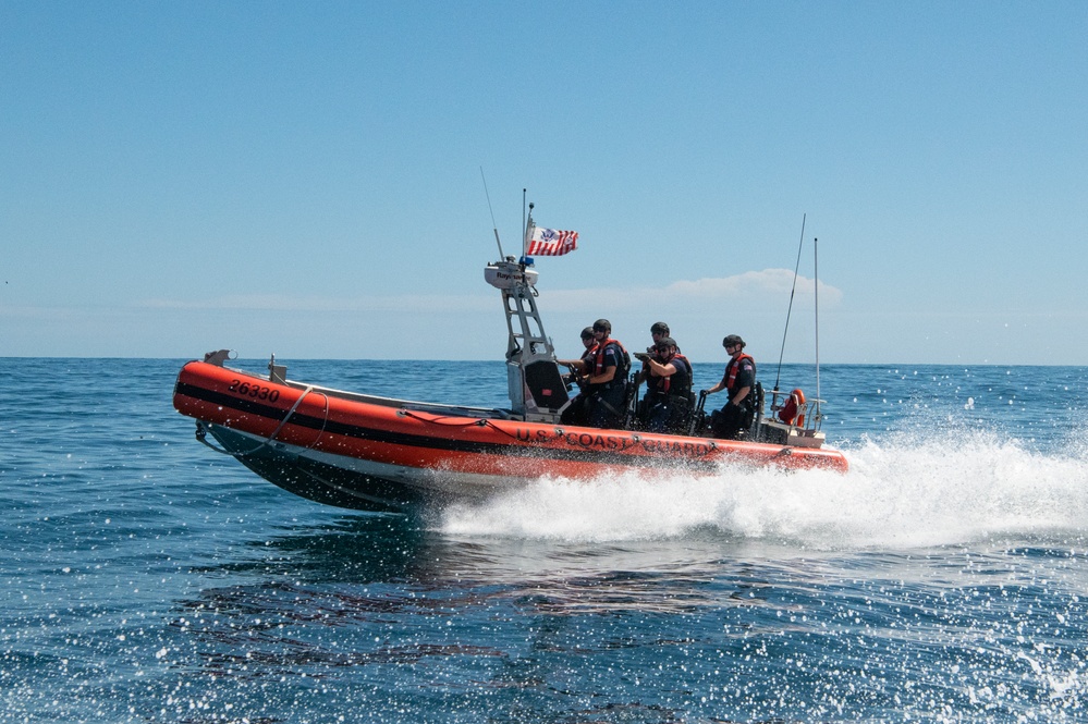 Coast Guard Cutter Hamilton crewmembers conduct pursuit training while underway in the Atlantic Ocean