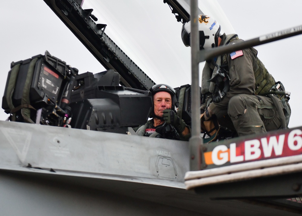 Mike Bloomberg Rides in F/A-18 Hornet From the USS Gerald R. Ford to Naval Station Norfolk