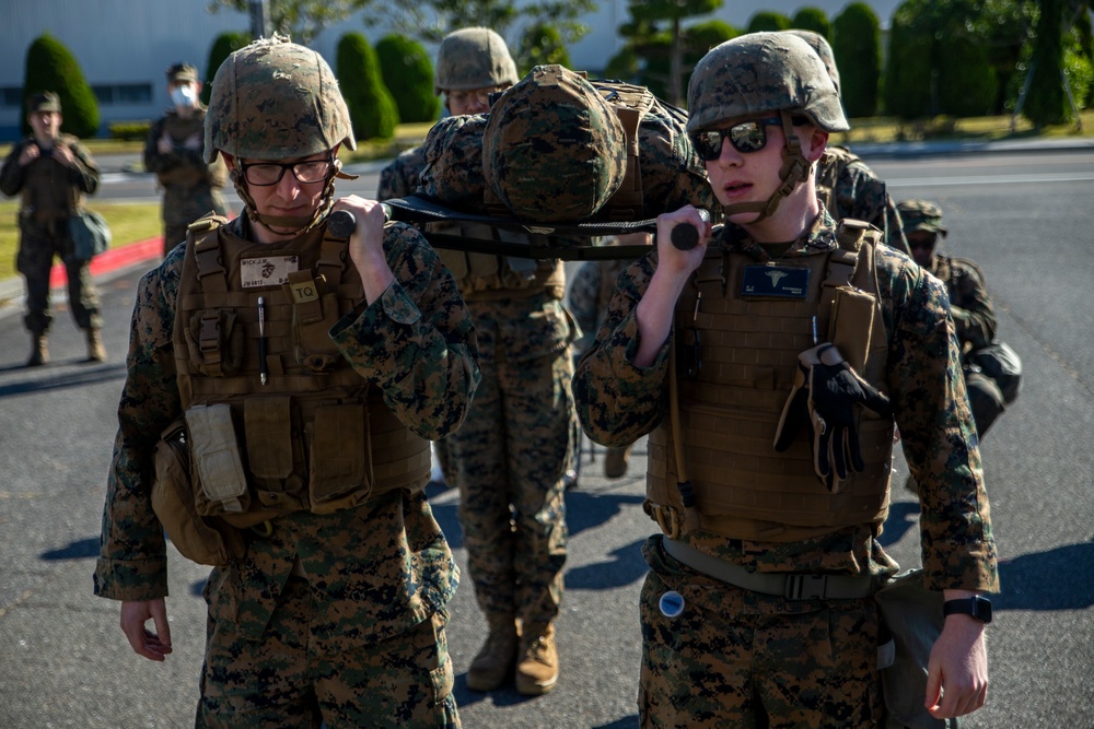 MAG-12 Hospital Corpsmen hone their skills during a flight line aid station exercise