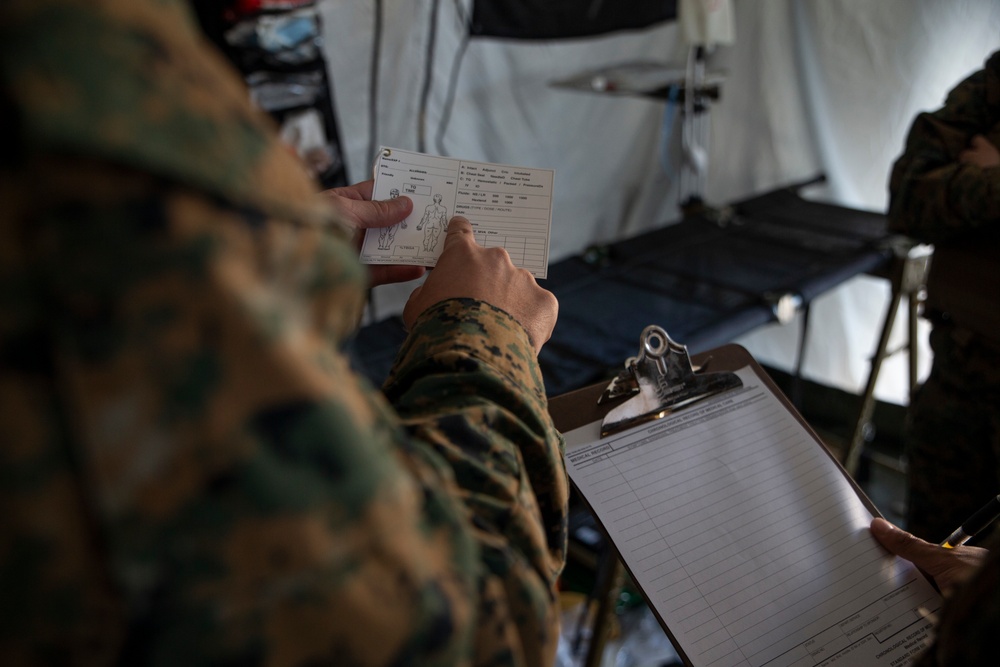 MAG-12 Navy Corpsmen hone their skills during a flight line aid station exercise