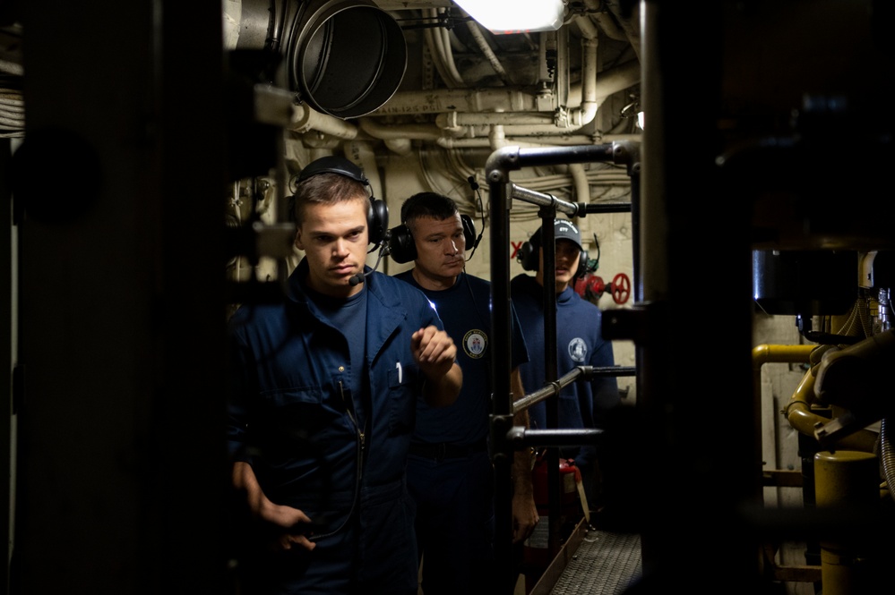 Crewmembers aboard Coast Guard Cutter Hamilton conduct basic engineering casualty control exercises while underway in the Atlantic Ocean