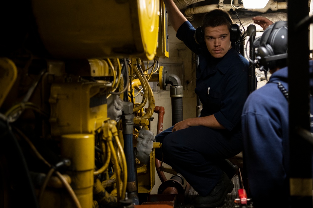 Crewmembers aboard Coast Guard Cutter Hamilton conduct basic engineering casualty control exercises while underway in the Atlantic Ocean