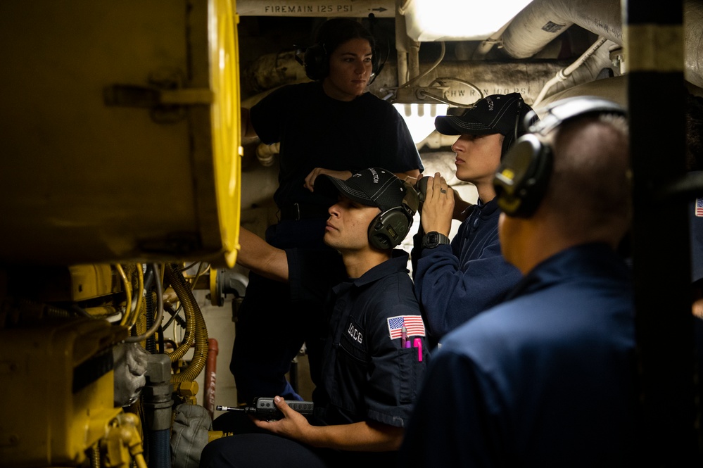 Crewmembers aboard Coast Guard Cutter Hamilton conduct basic engineering casualty control exercises while underway in the Atlantic Ocean