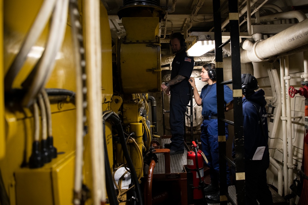 Crewmembers aboard Coast Guard Cutter Hamilton conduct basic engineering casualty control exercises while underway in the Atlantic Ocean