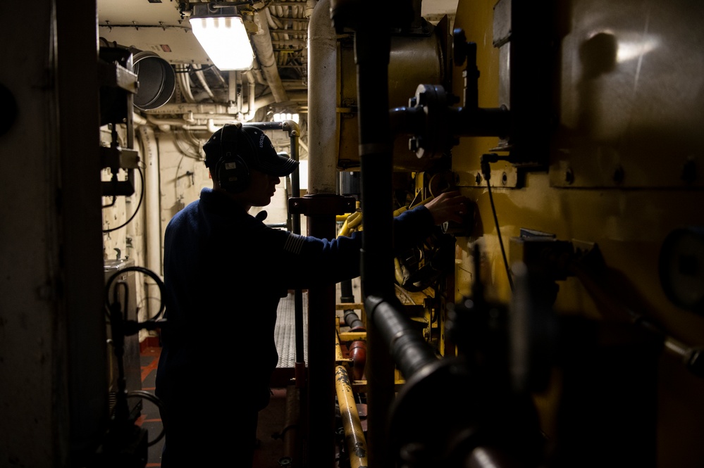 Crewmembers aboard Coast Guard Cutter Hamilton conduct basic engineering casualty control exercises while underway in the Atlantic Ocean