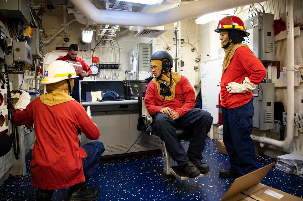 Coast Guard Cutter Hamilton conducts general quarters training while underway in the Atlantic Ocean