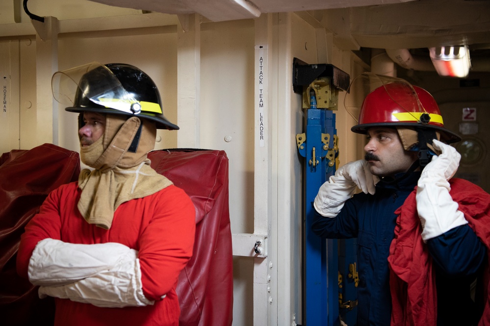 Coast Guard Cutter Hamilton conducts general quarters training while underway in the Atlantic Ocean