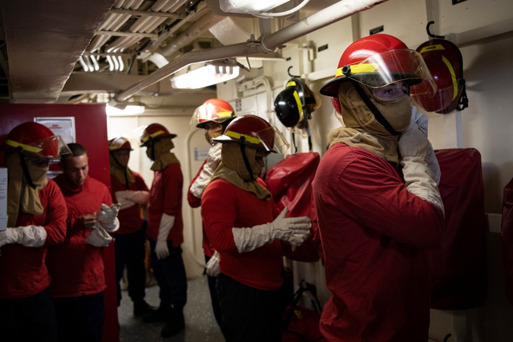 Coast Guard Cutter Hamilton conducts general quarters training while underway in the Atlantic Ocean