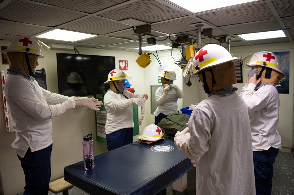 Coast Guard Cutter Hamilton conducts general quarters training while underway in the Atlantic Ocean