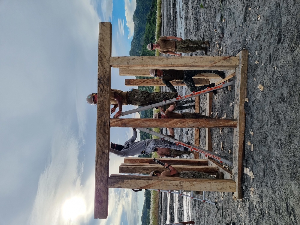 Seabees with Naval Construction Battalion (NMCB) 4, build a sentry post for the Explosive Ordnance Disposal (EOD) Marines to destroy during Exercise Kamandag.
