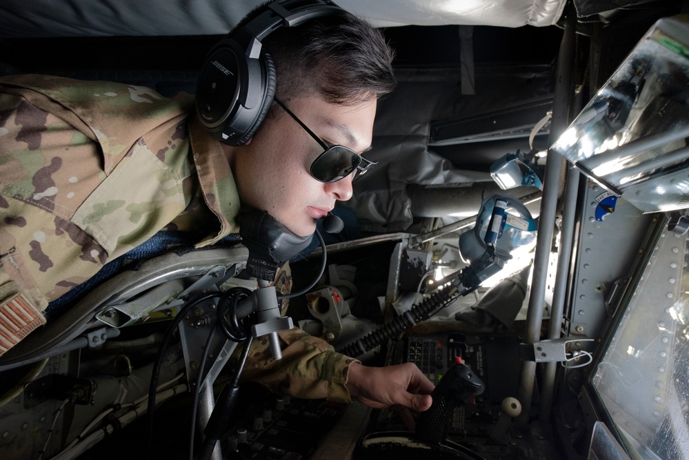 KC-135 refuels F-22s during Air Shielding