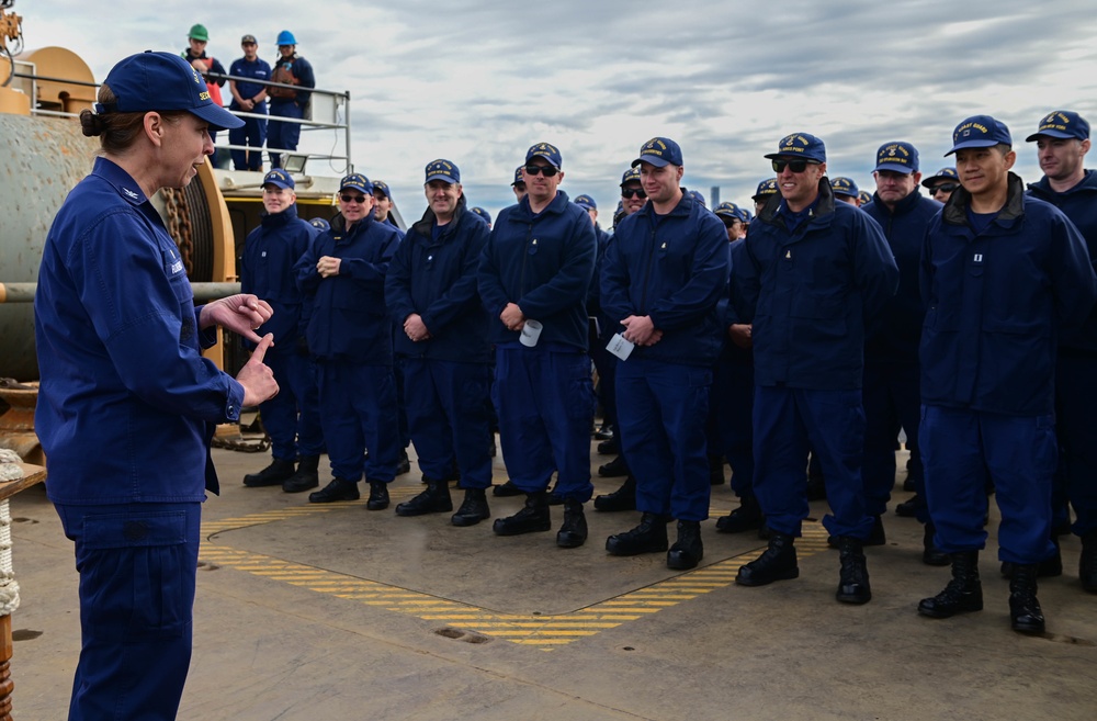 Coast Guard Capt. Amy Florentino provides remarks during cutterman ceremony.