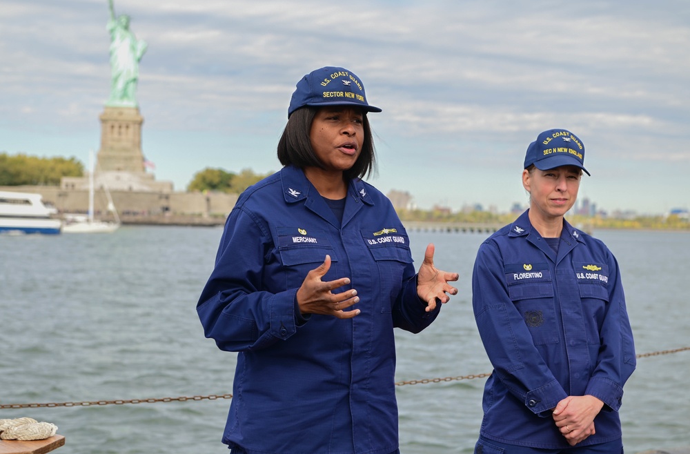 Coast Guard Capt. Zeta Merchant and Capt. Amy Florentino provide remarks durning a cutterman ceremony.