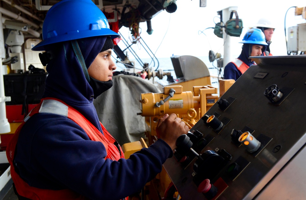 USCGC Stratton conducts boat operations in the North Pacific Ocean