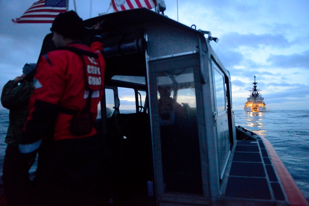 USCGC Stratton conducts boat operations in the North Pacific Ocean