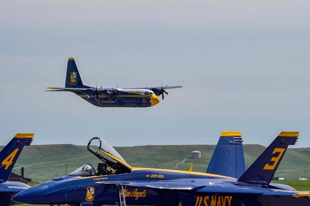 The U.S. Navy Flight Demonstration Squadron, the Blue Angels, perform at the Raider County Open House over Ellsworth Air Force Base South Dakota.