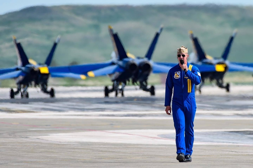 The U.S. Navy Flight Demonstration Squadron, the Blue Angels, perform at the Raider County Open House over Ellsworth Air Force Base South Dakota.