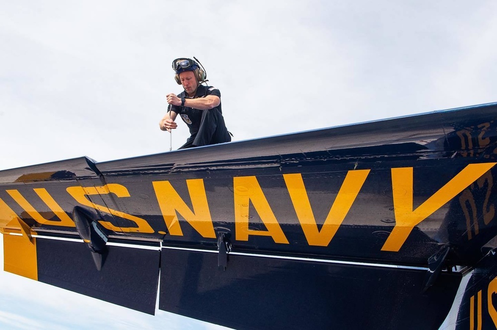 The U.S. Navy Flight Demonstration Squadron, the Blue Angels, perform at the Raider County Open House over Ellsworth Air Force Base South Dakota.