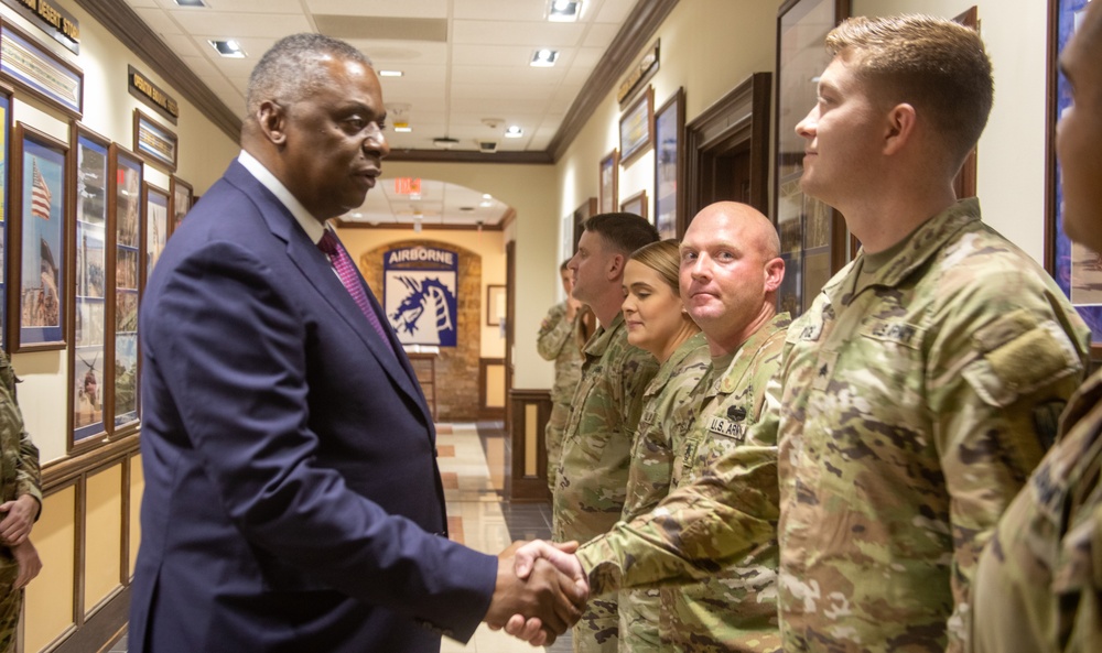 Secretary of Defense Lloyd Austin III visits Soldiers who deployed to Europe