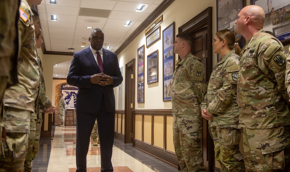 Secretary of Defense Lloyd Austin III visits Soldiers who deployed to Europe