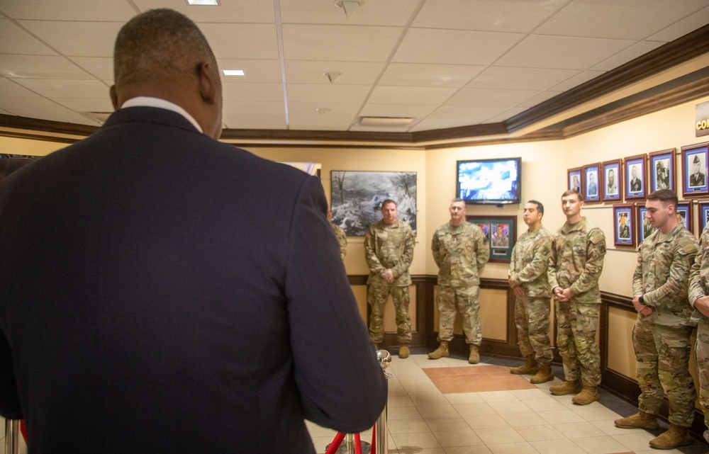 Secretary of Defense Lloyd Austin III visits Soldiers who deployed to Europe