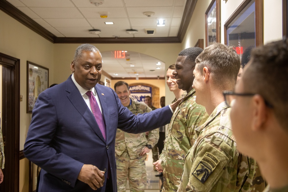 Secretary of Defense Lloyd Austin III visits Soldiers who deployed to Europe