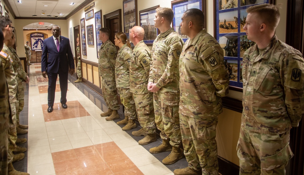 Secretary of Defense Lloyd Austin III visits Soldiers who deployed to Europe