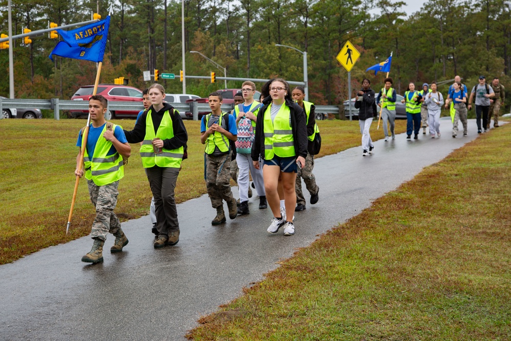 AFJROTC Cadets participate in a 15-mile hike abroad MCB Camp Lejeune