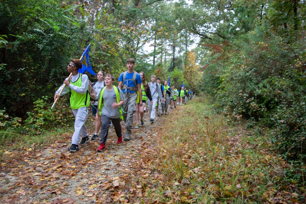 AFJROTC Cadets participate in a 15-mile hike abroad MCB Camp Lejeune